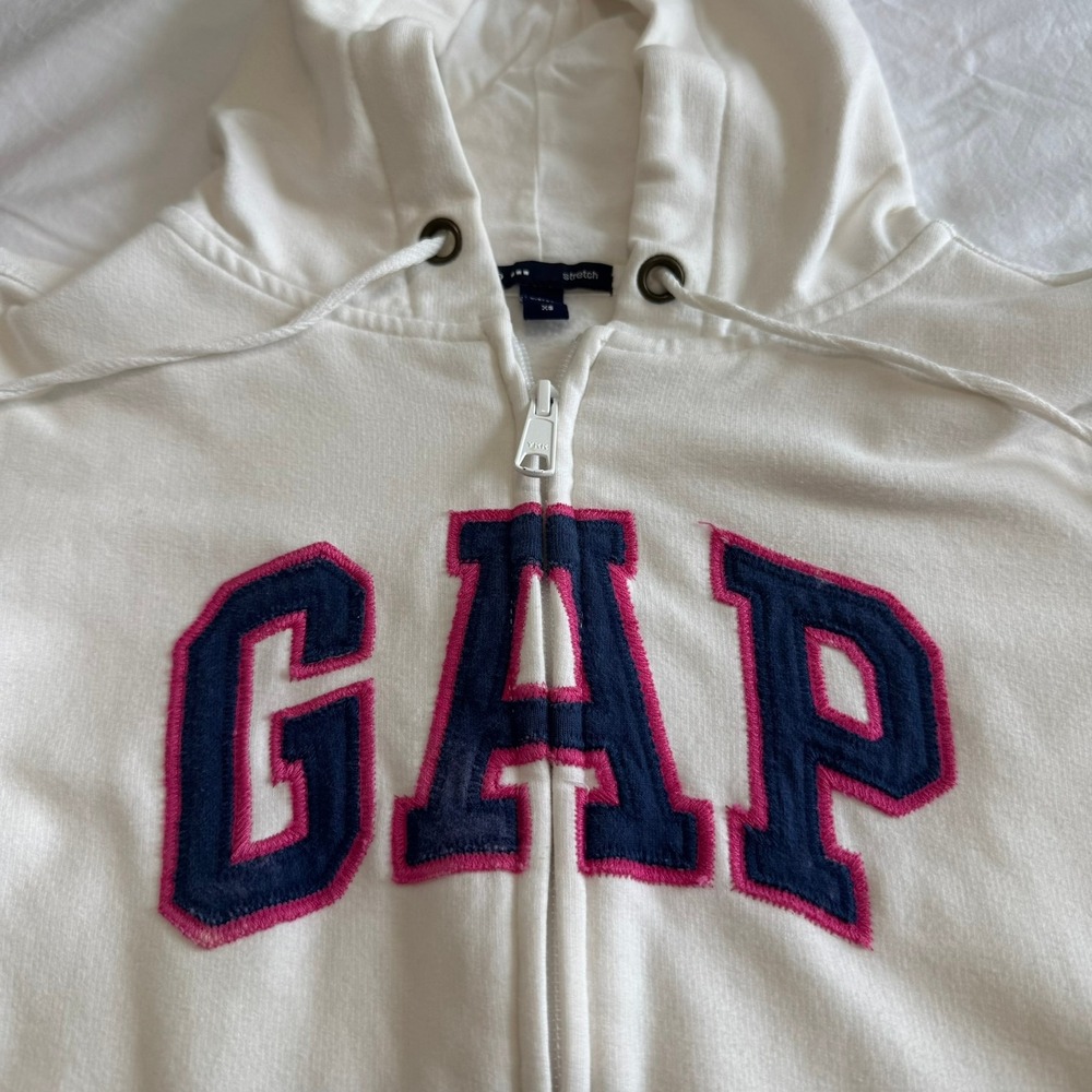 Gap Vintage Y2K Arch Logo Zip Up Hoodie XS Cream Pink Blue Fleece Sweatshirt - Picture 2 of 11